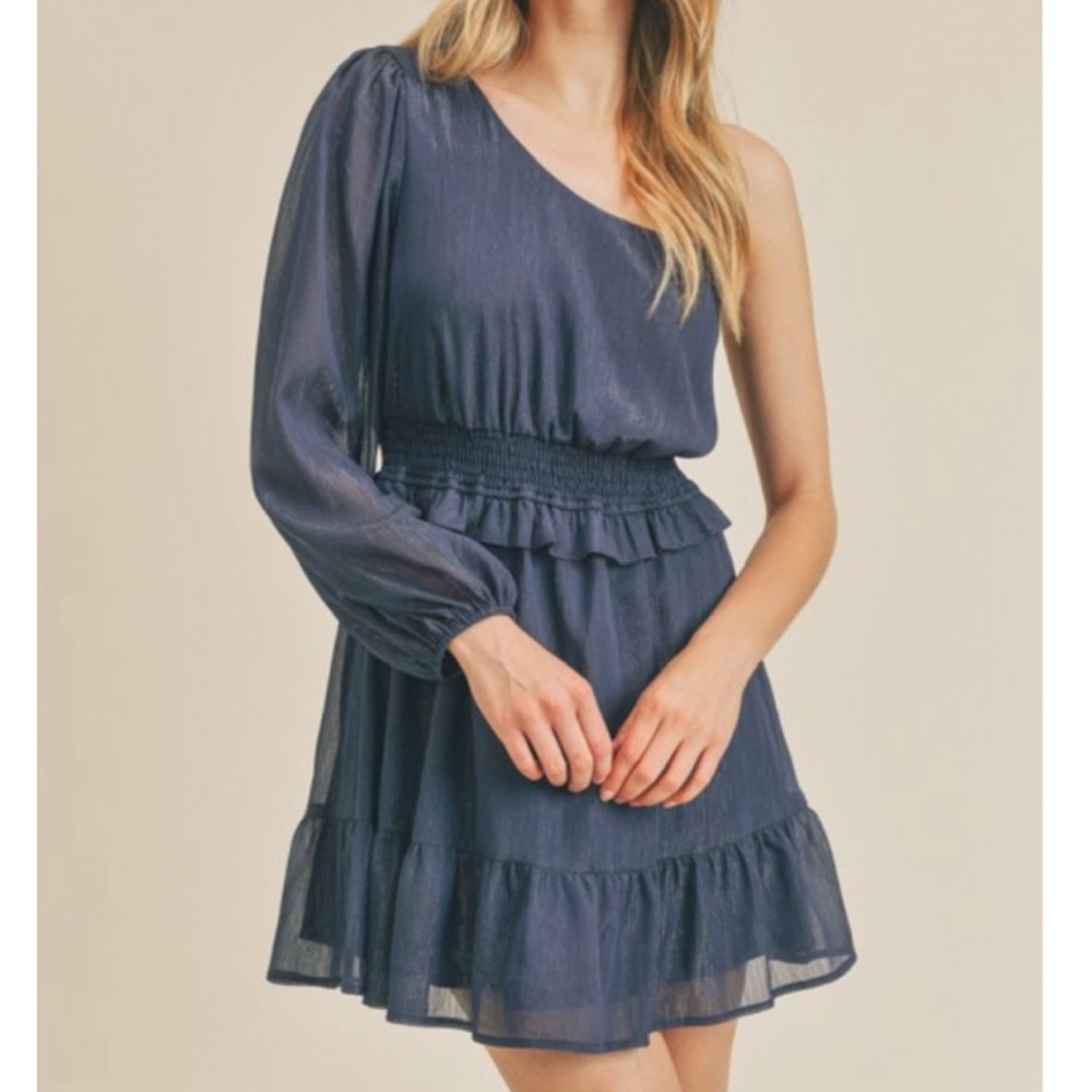 One shoulder navy sparkle tiered dress